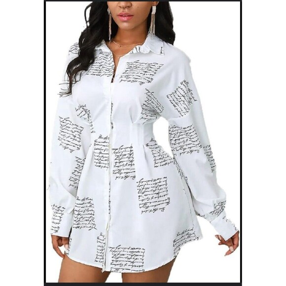 Spoon Jeans Long Sleeve Button Up Shirt Dress Women's Med White Black Script - Picture 1 of 16